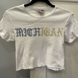 Michigan crop top. Letters in shiny studs. Size small. Cut off bottom. So cute!
